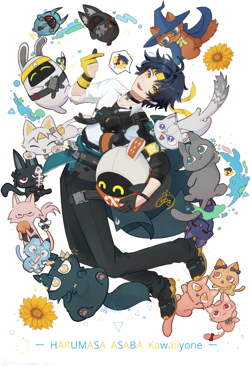 1boy :d absurdres animalization asaba_harumasa asaboo_(zenless_zone_zero) asymmetrical_gloves bangboo_(zenless_zone_zero) belle_(zenless_zone_zero) black_choker black_gloves black_hair black_pants black_shoes cat character_name character_request choker collared_shirt fangs finger_heart floating flower gloves headband highres holding hoshimi_miyabi male_focus mismatched_gloves miyaboo_(zenless_zone_zero) open_mouth pants partially_fingerless_gloves partly_fingerless_gloves shirt shoes short_hair signature smile solo soukaboo_(zenless_zone_zero) soukaku_(zenless_zone_zero) sunflower tsukishiro_yanagi uneven_gloves white_background white_shirt wise_(zenless_zone_zero) yakiimoumeeyona yellow_eyes yellow_gloves yellow_headband yugake zenless_zone_zero