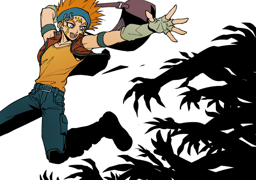 1boy armband bag belt black_belt black_pants blue_armband blue_eyes blue_headband crow_hogan earrings elbow_gloves facial_mark facial_tattoo fingerless_gloves fleeing floating_earring forehead_mark gloves headband highres holding holding_bag jacket jewelry jumping knee_pads looking_to_the_side male_focus marking_on_cheek messenger_bag monster nut_(hardware) open_mouth orange_hair orange_shirt pants reaching red_jacket running shirt shoulder_bag simple_background sleeveless sleeveless_jacket sleeveless_shirt smile solo_focus spiked_hair tattoo thick_eyebrows white_background youko-shima yu-gi-oh! yu-gi-oh!_5d&#039;s