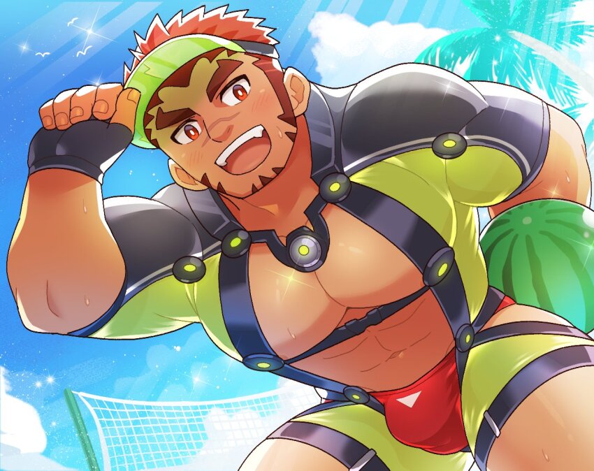 1boy abs adjusting_clothes adjusting_headwear akashi_(live_a_hero) akashi_(water_bullet)_(live_a_hero) aopanda bara beach black_gloves blush bodysuit bright_pupils bulge dark-skinned_male dark_skin facial_hair fang fingerless_gloves food fruit gloves goatee holding holding_food holding_fruit holding_watermelon large_pectorals leaning_forward live_a_hero long_sideburns looking_at_viewer male_focus male_swimwear muscular muscular_male official_alternate_costume open_mouth pectorals red_hair red_male_swimwear scar scar_on_face scar_on_nose short_hair sideburns solo sparkle sweat tan thick_eyebrows visor_cap volleyball_net watermelon white_pupils