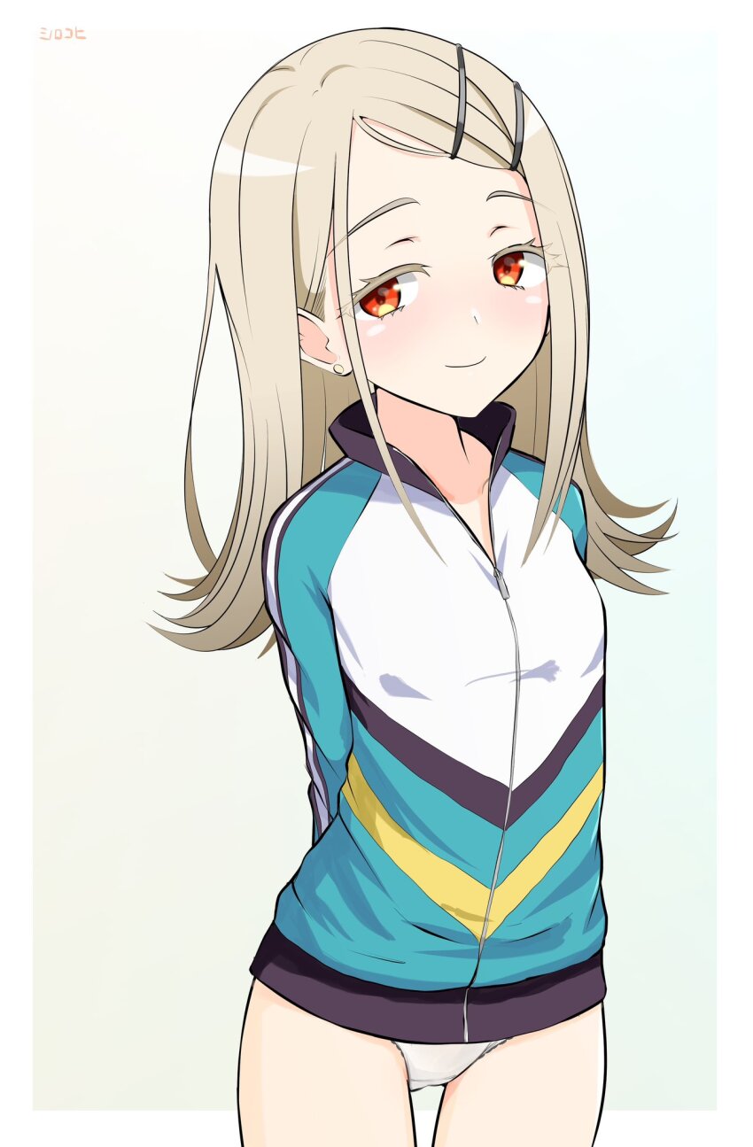 bangs_pinned_back blonde_hair border brown_background closed_mouth commentary_request cowboy_shot crotch_seam eyelashes gakuen_idolmaster gradient_background hair_ornament hairclip highres idolmaster jacket light_blush long_hair long_sidelocks long_sleeves looking_at_viewer multicolored_jacket no_pants orange_eyes outside_border panties partially_unzipped picot_trim_panties shinosawa_hiro sidelocks sirokohi smile standing straight_hair track_jacket underwear white_border white_panties zipper zipper_pull_tab