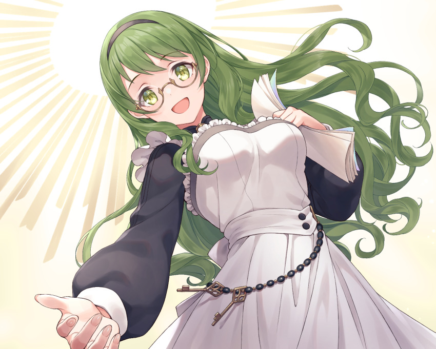 :d breasts highres holding holding_paper karin_(princess_connect!) long_hair masami_(souzou_jinsei_sanka) open_mouth paper princess_connect! reaching reaching_towards_viewer smile very_long_hair