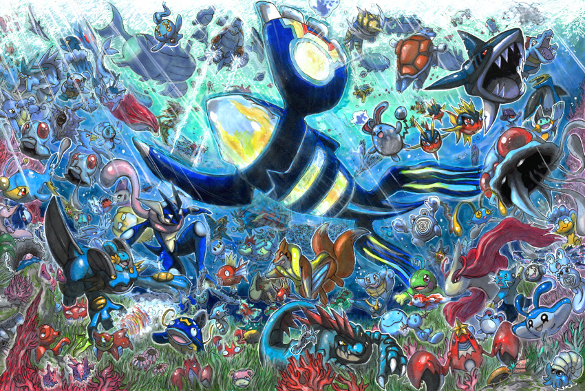 alomomola alternate_color azumarill azurill barboach basculin basculin_(red) blastoise buizel carvanha chinchou clamperl clauncher cloyster commentary corphish corsola crawdaunt dewott dragalge empoleon english_commentary feebas feraligatr finneon floatzel froakie frogadier game_freak gen_1_pokemon gen_2_pokemon gen_3_pokemon gen_4_pokemon gen_5_pokemon gen_6_pokemon goldeen golduck gorebyss greninja gyarados highres huntail kabuto_(pokemon) kingler krabby kyogre lanturn legendary_pokemon lileep lugia lumineon luvdisc magikarp manaphy mantine mantyke marill mega_blastoise mega_gyarados mega_pokemon mega_sharpedo milotic mudkip mythical_pokemon nintendo no_humans octillery omanyte oshawott palkia panpour phione piplup pokemon pokemon_(creature) pokemon_focus politoed poliwag poliwhirl primal_kyogre prinplup psyduck quagsire qwilfish relicanth remoraid seadra seaking seaweed seel sharpedo shellder shiny_pokemon simipour skrelp slowpoke squirtle starmie staryu suicune sunlight swampert swimming takkun_(takkun_art) tentacool tentacruel totodile tympole underwater vaporeon wailmer wailord wartortle whiscash