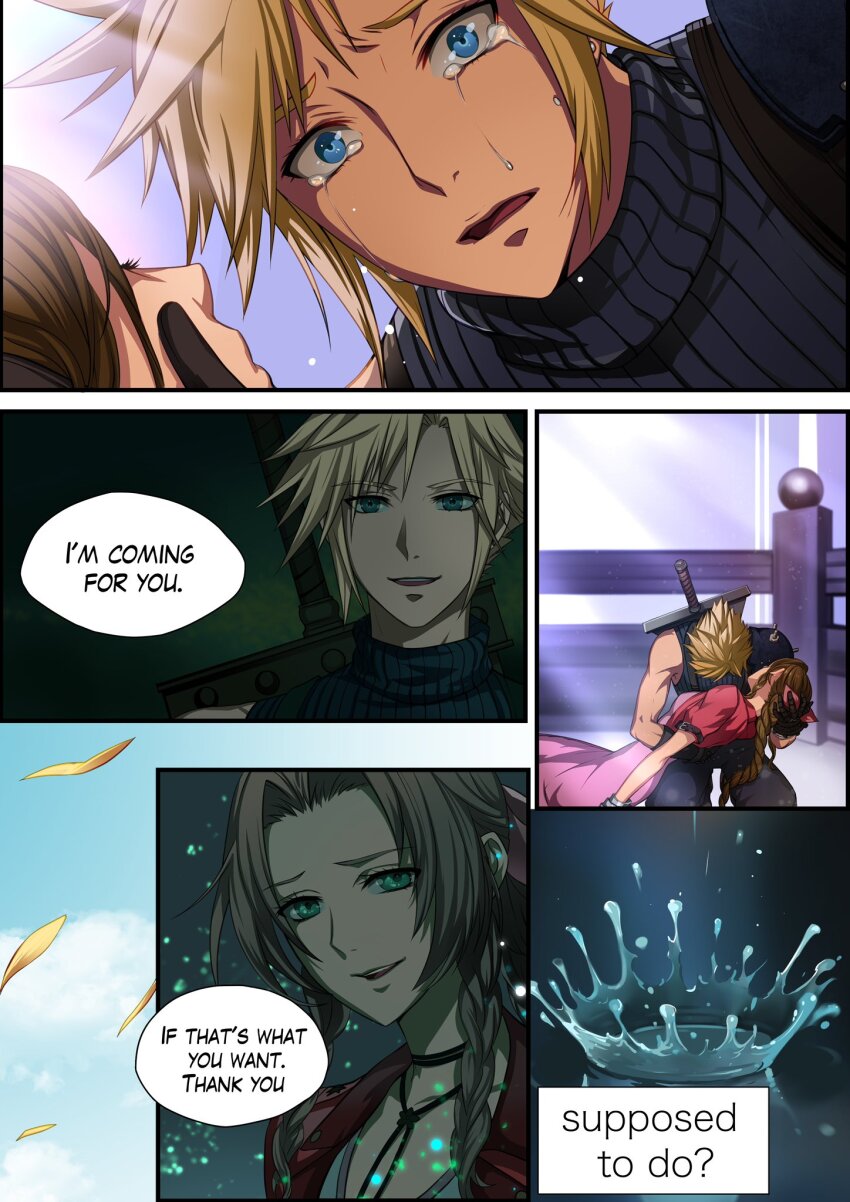 1boy 1girl aerith_gainsborough altar arm_around_waist armor blonde_hair blue_eyes blue_shirt brown_hair buster_sword choker closed_eyes cloud_strife cropped_jacket crying death dress english_text falling_petals final_fantasy final_fantasy_vii final_fantasy_vii_remake flower_choker forgotten_city green_eyes halu-ca hand_in_another&#039;s_hair highres jacket lifestream long_dress long_hair parted_bangs petals pink_dress red_jacket sequential shirt short_hair short_sleeves shoulder_armor sleeveless sleeveless_turtleneck smile speech_bubble spiked_hair splashing square_enix tears toned toned_male turtleneck water weapon weapon_on_back wide-eyed
