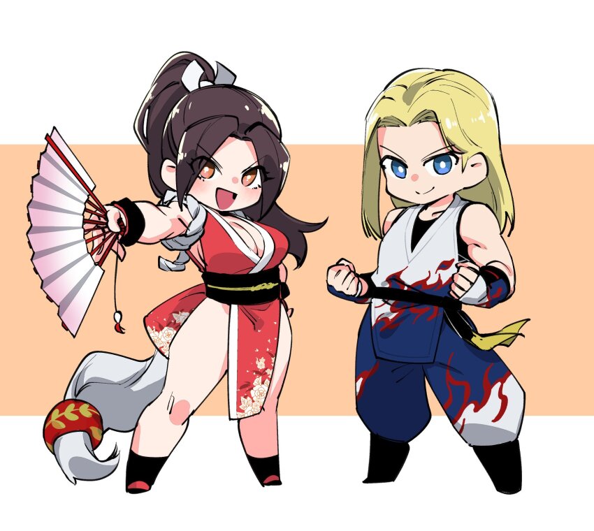 1boy 1girl andy_bogard apollo_(pixiv884782) bare_legs bare_shoulders belt black_belt blonde_hair blue_eyes breasts brown_eyes brown_hair cleavage clenched_hands closed_mouth commentary_request dougi fatal_fury flame_print floral_print full_body hair_ornament hand_fan hand_on_own_hip high_ponytail highres holding holding_fan large_breasts long_hair looking_at_viewer martial_arts_belt motoyui ninja obi open_mouth outstretched_arm parted_bangs pelvic_curtain ponytail rope sash shiranui_mai smile snk standing the_king_of_fighters thighs wrist_guards