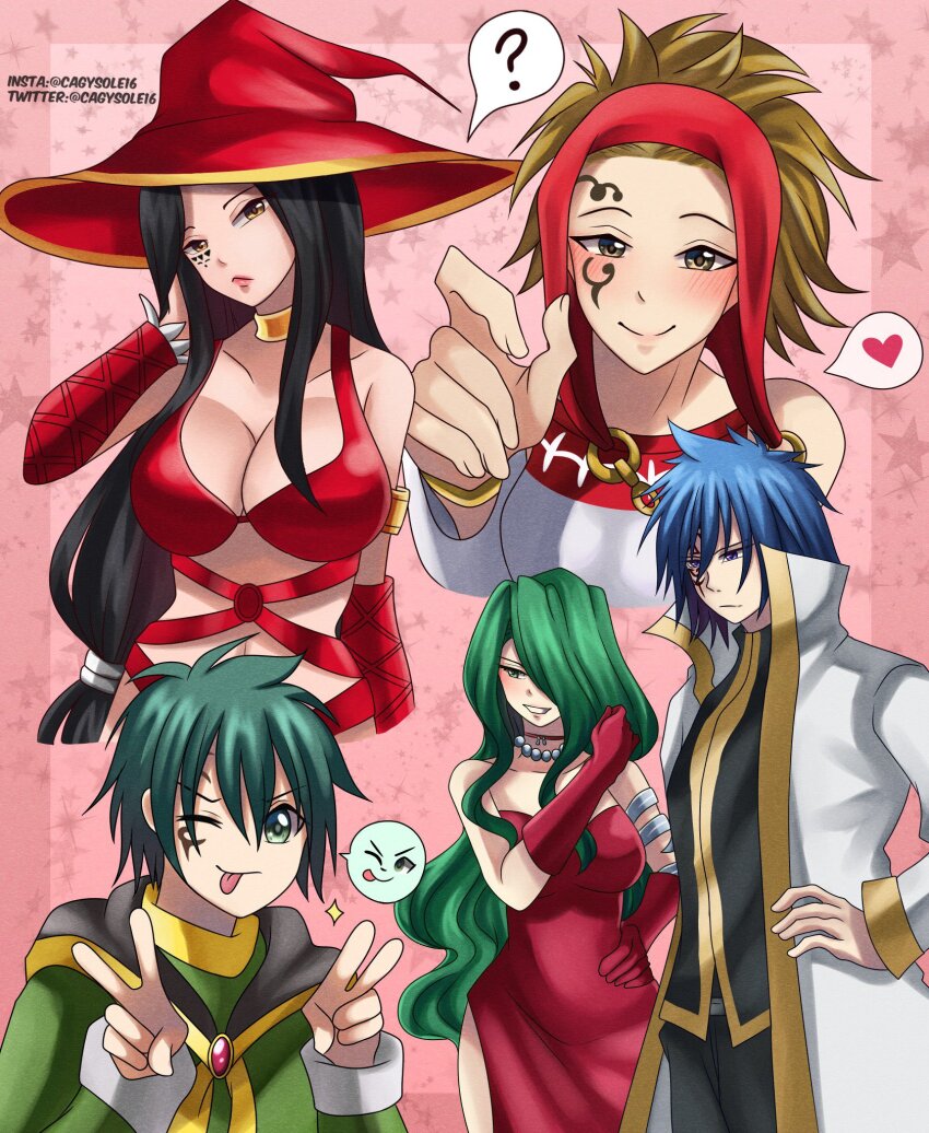 black_hair breasts cleavage dress green_eyes green_hair hair_over_one_eye hat highres hilde_(rave) large_breasts long_hair rave_(manga) red_dress reina_(rave) revealing_clothes sieghart witch_hat
