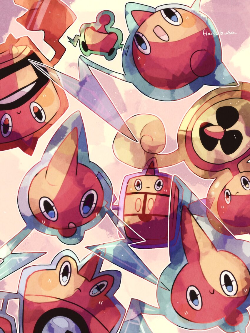 :d :o animal_focus artist_name blue_eyes commentary_request gen_4_pokemon hanabusaoekaki highres multiple_persona nintendo no_humans open_mouth pokemon pokemon_(creature) rotom rotom_(fan) rotom_(frost) rotom_(heat) rotom_(mow) rotom_(normal) rotom_(wash) smile solid_oval_eyes upside-down