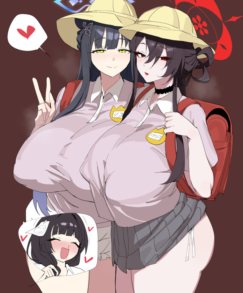 3girls absurdres backpack bag black_hair blood blue_archive blue_halo blush breasts closed_eyes closed_mouth covered_erect_nipples female_sensei_(blue_archive) green_eyes grey_skirt halo hat heart highres huge_breasts kindergarten_uniform kokuriko_(blue_archive) long_hair looking_at_viewer multiple_girls nosebleed open_mouth pink_shirt randoseru red_eyes red_halo school_hat sensei_(blue_archive) shirt short_sleeves shun_(blue_archive) skirt smile spoken_character spoken_heart v xipa yellow_hat