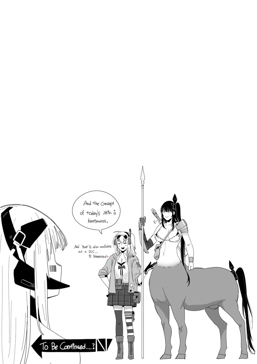 3girls :&gt; :d puff_of_air armor asymmetrical_legwear barcode barcode_tattoo blush bracer breasts centaur character_request closed_mouth english_text closed_eyes eyewear_on_head gager_(girls&#039;_frontline) gauntlets girls&#039;_frontline greyscale hairband hand_on_own_hip headset highres holding holding_lance holding_polearm holding_weapon huqu lance large_breasts miniskirt mismatched_legwear monochrome monsterification multiple_girls navel negative_space one_side_up open_mouth pauldrons polearm shoulder_armor simple_background single_gauntlet single_pauldron skirt smile smug sunglasses tattoo taur thighhighs to_be_continued weapon white_background zettai_ryouiki