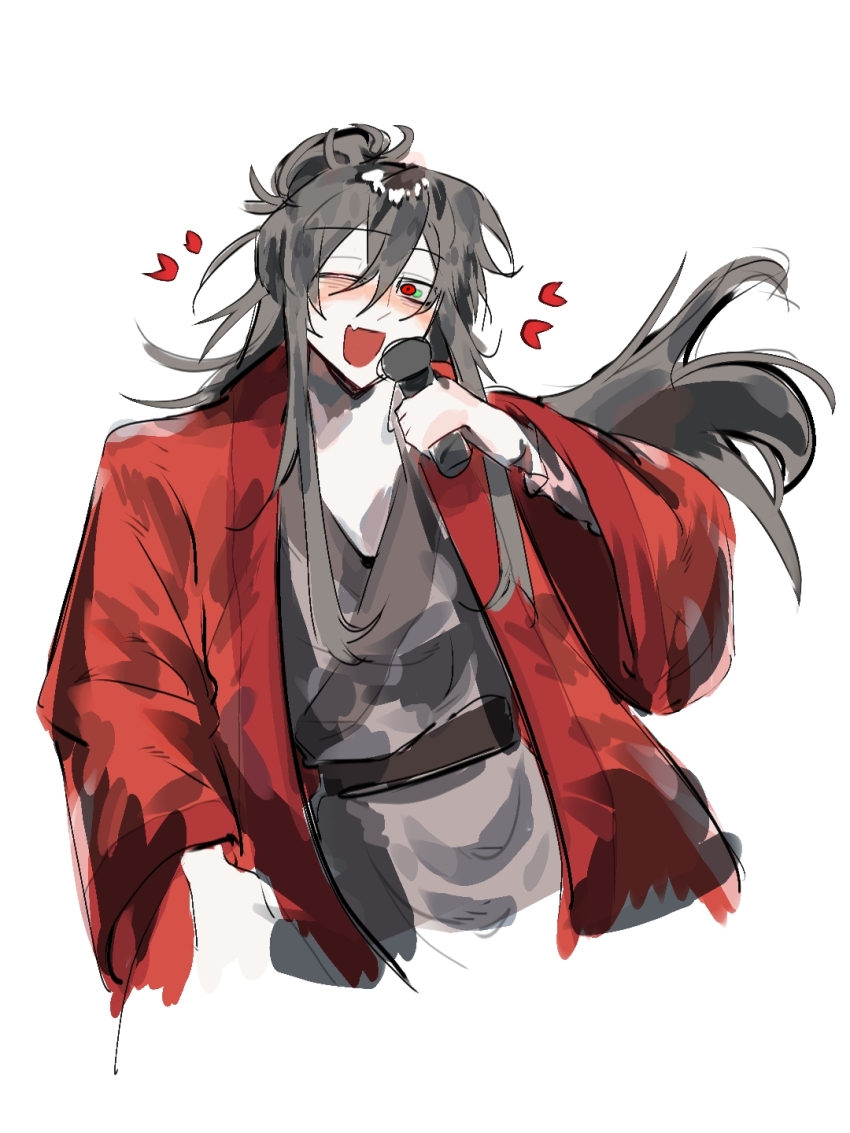 1boy bishounen black_hair black_hanfu blush chinese_clothes chinese_commentary coat dao_gui_yi_xian extra_pupils fang floating_hair green_eyes hair_between_eyes hair_bun hanfu heart highres holding holding_microphone hong_zhong_(illusory) long_hair long_sleeves looking_at_viewer luxingzhe91179 male_focus microphone music one_eye_closed open_mouth red_coat red_eyes simple_background singing single_hair_bun sketch skin_fang smile solo upper_body white_background zuo_wang_dao