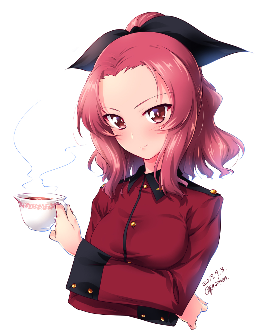 1girl absurdres alternate_hairstyle blush brown_eyes closed_mouth commentary cropped_torso crossed_arms cup dated epaulettes female_focus girls_und_panzer hair_up highres holding holding_cup jacket kuzuryuu_kennosuke long_sleeves looking_at_viewer medium_hair military military_uniform ponytail red_hair red_jacket rosehip_(girls_und_panzer) short_ponytail simple_background smile solo st._gloriana&#039;s_military_uniform tea teacup team twitter_username upper_body white_background