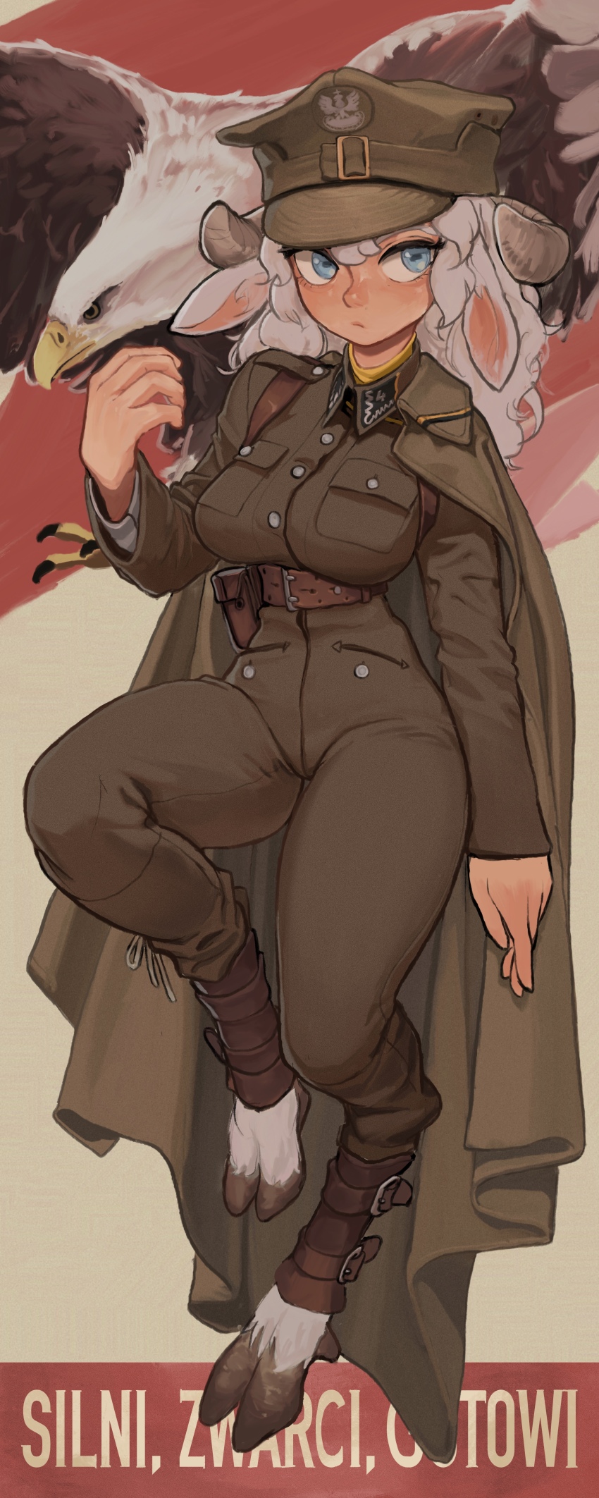 1girl :/ absurdres animal_ears bald_eagle belt bird blue_eyes breasts brown_belt cape closed_mouth commentary_request curled_horns curly_hair eagle full_body hair_between_eyes hand_up hat highres hooves horizontal_pupils horns korean_commentary large_breasts long_hair looking_to_the_side military military_hat military_uniform monster_girl nose original pants peaked_cap poland polish_army polish_flag polish_text rifleman1130 sheep_ears sheep_girl sheep_horns solo translation_request white_fur white_hair