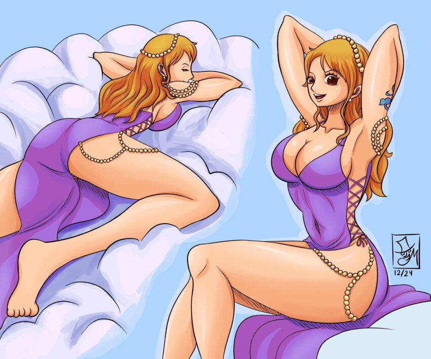 1girl ass bare_shoulders beads blue_background breasts brown_eyes cleavage closed_eyes cross-laced_clothes cross-laced_dress cross-laced_slit curvy dress earrings hair_beads hair_ornament highres jewelry large_breasts legs long_hair looking_at_viewer metalytar nami_(one_piece) nami_(one_piece)_(zou) narrow_waist no_panties one_piece open_mouth orange_hair purple_dress side_tie_dress sitting sleeping smile solo tattoo thick_thighs thighs wide_hips