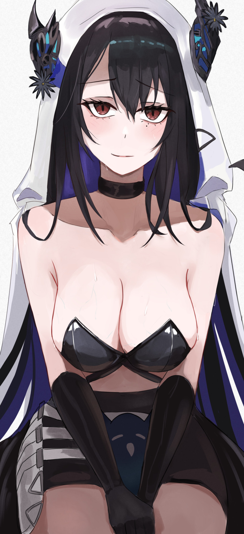 1girl absurdres bare_shoulders black_bra black_choker black_gloves black_hair black_skirt blue_hair bow bra breasts canvas_sensei choker cleavage cloak collarbone demon_horns gloves highres hololive hololive_english hood hood_up hooded_cloak horns jailbird_(nerissa_ravencroft) large_bow multicolored_hair nerissa_ravencroft on_lap red_eyes simple_background sitting skirt sweat two-tone_hair underwear virtual_youtuber white_background white_cloak