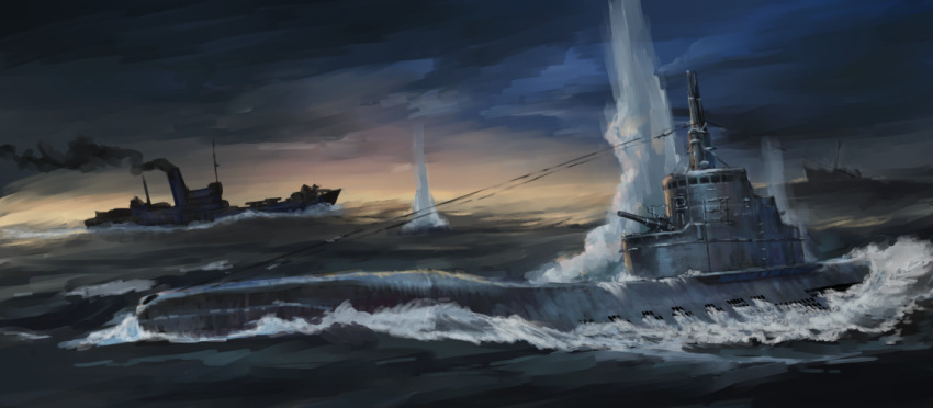 abe_yasushi_(umizoi_tibet) battle cloud cloudy_sky horizon k-3_(submarine) naval_battle no_humans original ship sky smokestack soviet_navy submarine surfacing wake_(wave) water watercraft