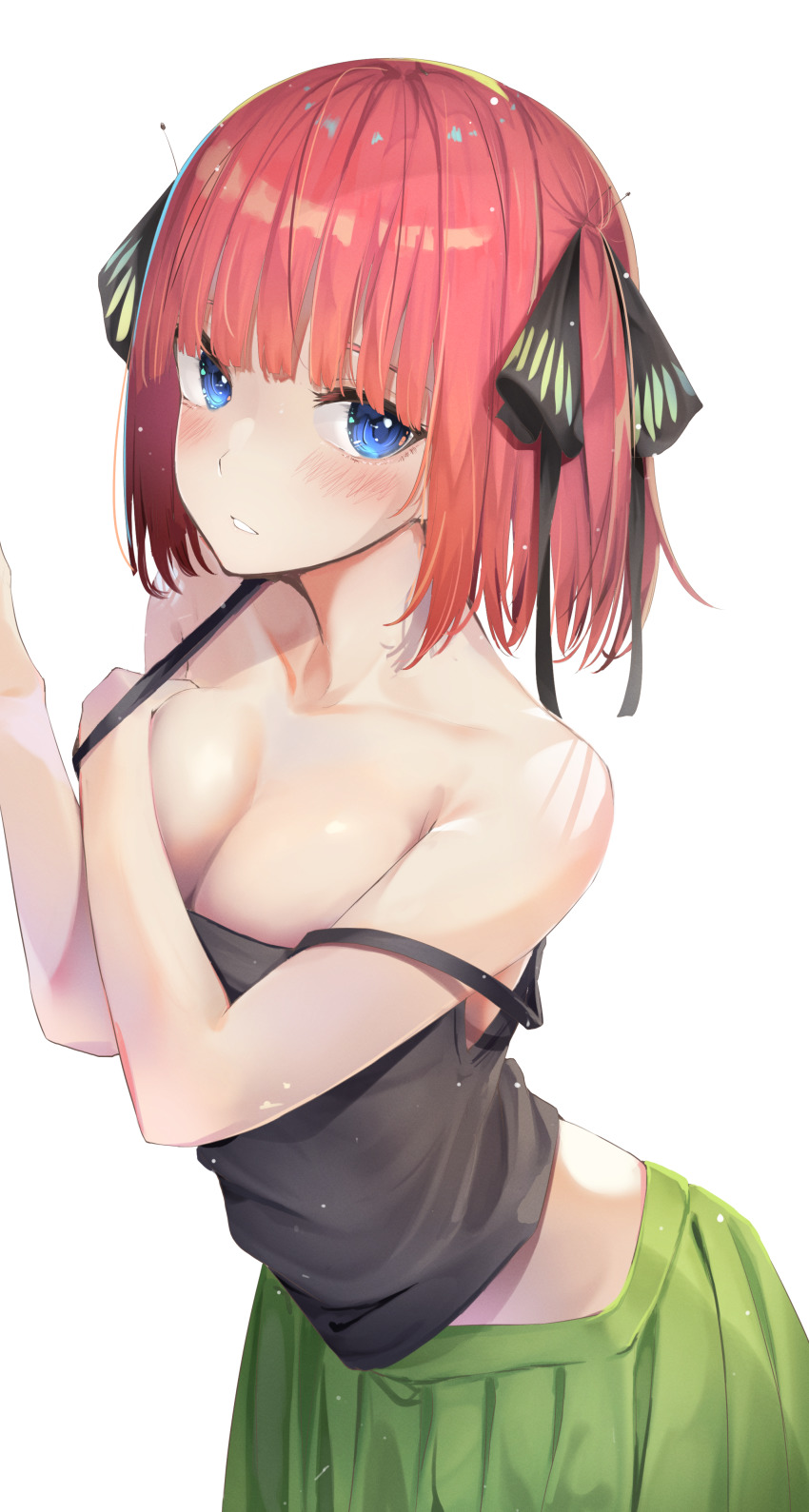 1girl absurdres black_bow black_camisole black_ribbon blue_eyes blush bow breasts camisole go-toubun_no_hanayome green_skirt hair_bow hair_ribbon highres large_breasts looking_at_viewer medium_hair nakano_nino parted_lips pink_hair pleated_skirt ribbon simple_background skirt solo white_background yuunamida_uyu