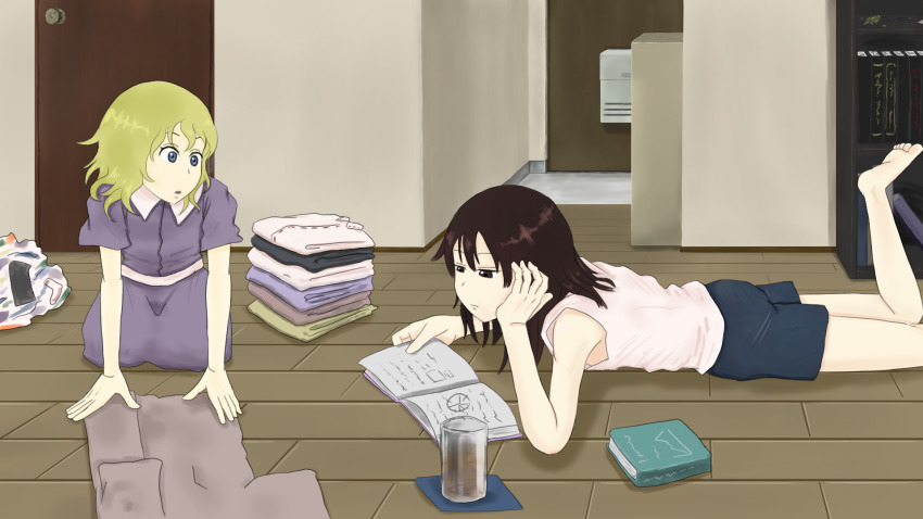 alternate_costume barefoot blonde_hair blue_shorts book bookshelf brown_eyes brown_hair cup door drinking_glass folding_clothes hand_on_own_cheek hand_on_own_face highres indoors leg_up looking_at_another lying maribel_hearn no_headwear on_floor on_stomach open_book purple_eyes reading short_hair short_shorts short_sleeves shorts tank_top touhou usami_renko wa_we_tata_ki