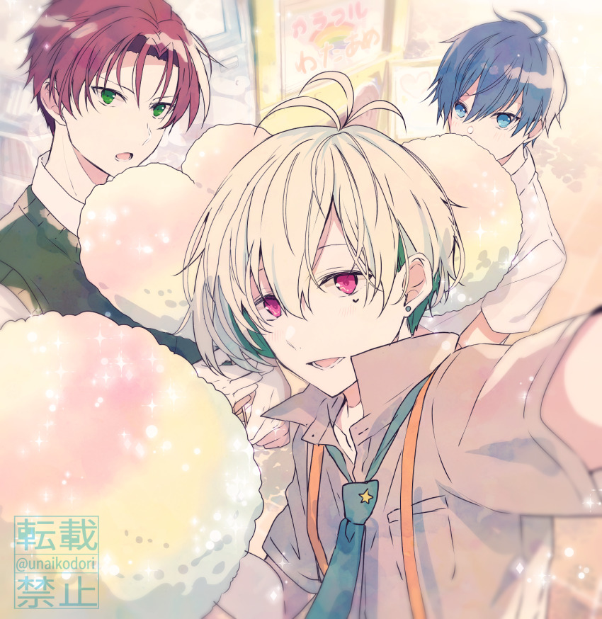 3boys amamine_shu blue_eyes blue_hair c.first_(idolmaster) cotton_candy food green_eyes hanazono_momohito heart_on_cheek highres holding holding_cotton_candy holding_food idolmaster idolmaster_side-m idolmaster_side-m_growing_stars kame_(unaikodori) light_green_hair looking_at_viewer male_focus mayumi_eishin multiple_boys open_mouth pink_eyes red_hair short_hair smile