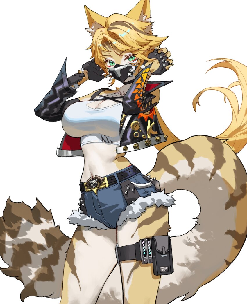 1girl absurdres animal_ear_fluff animal_ears bare_shoulders belt black_gloves black_mask blonde_hair blue_shorts body_fur breasts cat_ears cat_girl cat_tail cleavage commentary crop_top cross-laced_clothes cross-laced_sleeves detached_sleeves english_commentary fingerless_gloves fur-trimmed_shorts fur_trim furry furry_female gloves green_eyes hands_in_own_hair highres interspecies large_breasts long_hair long_tail looking_at_viewer mask midriff mouth_mask multicolored_fur navel pouch pulchra_fellini shirt shorts simple_background solo standing stomach striped_tail tail thigh_pouch torn_clothes torn_shirt white_background wonbin_lee yellow_fur zenless_zone_zero