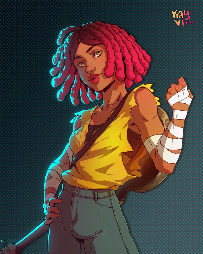 1girl back cherry_hunter dark-skinned_female dark_skin denim from_behind guitar highres instrument jeans midriff pants red_hair torn_jeans sega sleeveless streets_of_rage streets_of_rage_4 thighs torn_clothes torn_jeans torn_pants