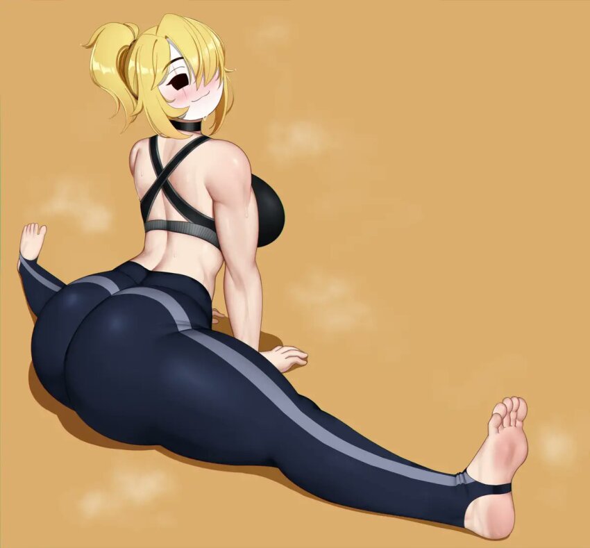 1girl 2023 arm_support ass ass_focus bare_shoulders blonde_hair blush borrowed_character breasts commentary commission criss-cross_halter curvy english_commentary feet female_focus flexible foreshortening from_behind from_side full_body hair_over_one_eye halterneck head_tilt huge_ass large_breasts legs_apart light_blush light_smile locket_white_(bakalorin) looking_at_viewer mario_(series) muscular muscular_female naughty_face nintendo nose_blush original ponytail shadow shy_gal sideboob simple_background sitting soles solo split sports_bra steaming_body stirrup_legwear swept_bangs thick_thighs thighs toeless_legwear toes toned toned_female white_mask yuulis27