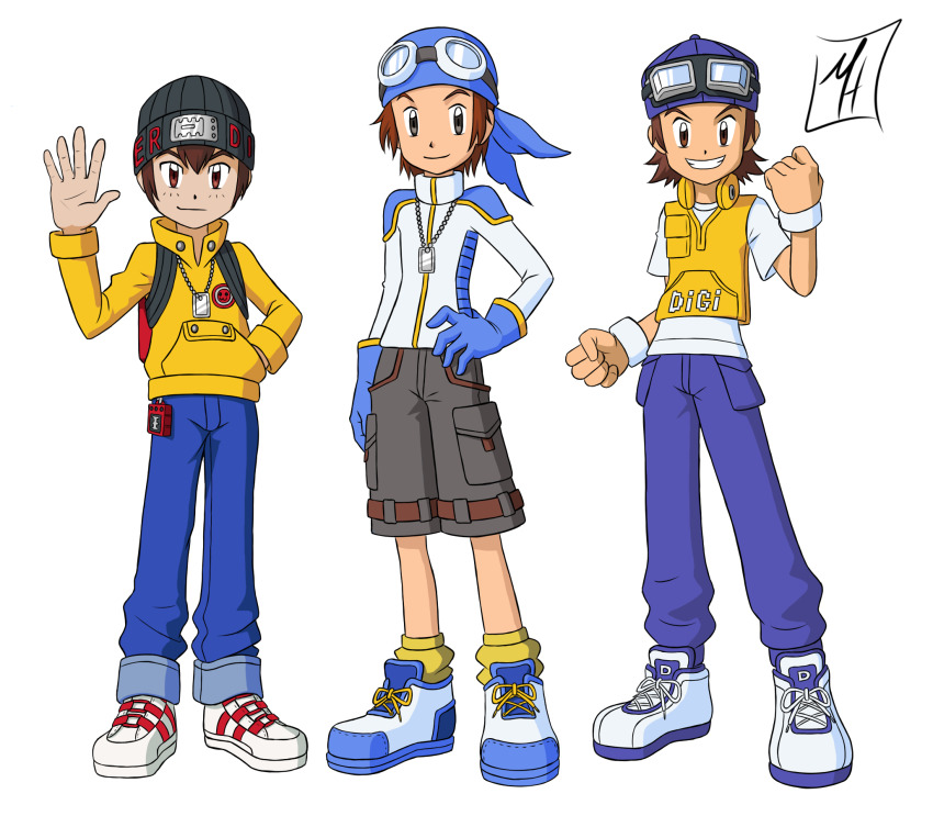 3boys akira_(digimon_world_2) atsushi_(digimon_world_3) brown_hair digimon digimon_world digimon_world_2 digimon_world_3 goggles goggles_on_head hat highres jacket looking_at_viewer mameo_(digimon) multiple_boys pants shorts simple_background smile white_background