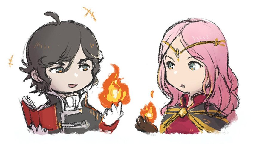 1boy 1girl book chibi commentary diadem dragan_aesfrost english_text fire frederica_aesfrost gloves high_collar holding holding_book long_hair looking_at_another niyasu pink_hair simple_background sketch triangle_strategy upper_body white_background