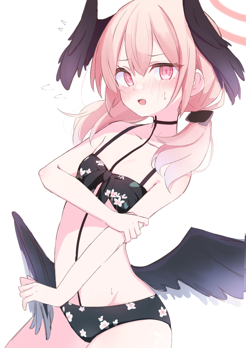 1girl absurdres bad_tag bikini black_bikini black_bow black_wings blue_archive blush bow breasts commentary feathered_wings floral_print flying_sweatdrops hair_bow halo head_wings helmet highres koharu_(blue_archive) koharu_(swimsuit)_(blue_archive) long_hair low_twintails low_wings official_alternate_costume open_mouth penguin_potof pink_eyes pink_hair pink_halo print_bikini simple_background small_breasts solo swimsuit twintails white_background wings