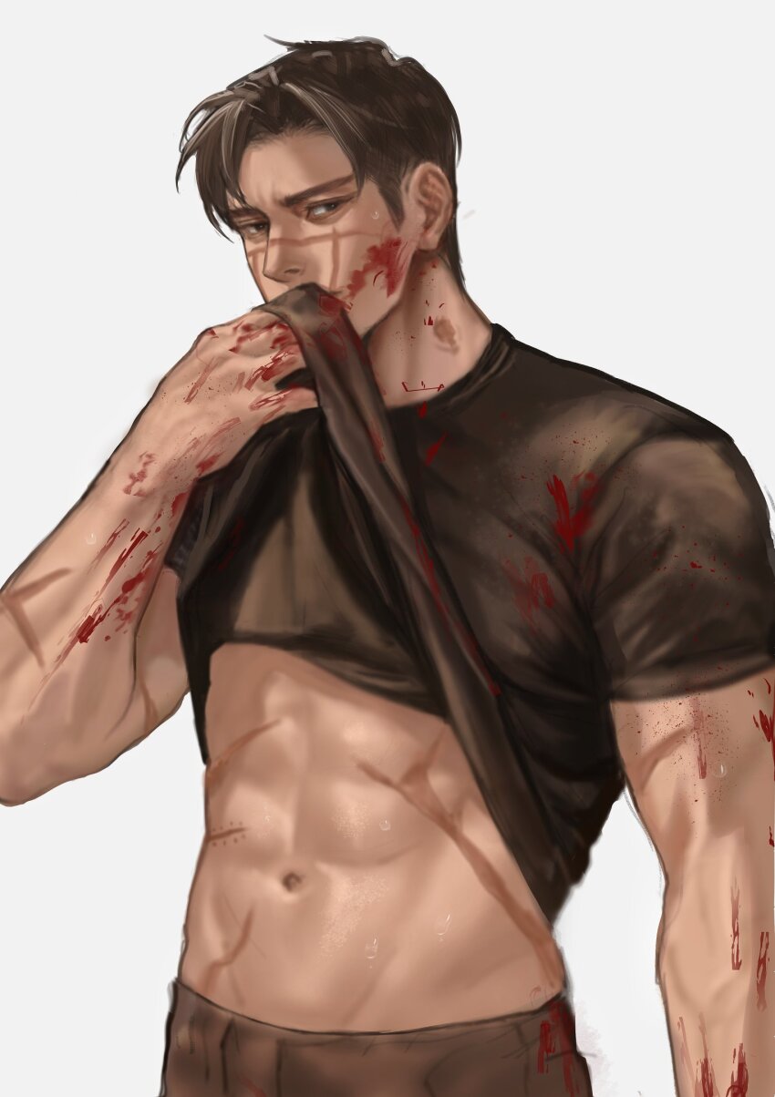 1boy abs black_pants black_shirt blood blood_on_arm blood_on_face brown_eyes clothes_lift commentary_request covered_mouth covering_own_mouth cowboy_shot curtained_hair def00_0 golden_kamuy groin highres korean_commentary lifting_own_clothes looking_to_the_side male_focus multiple_scars navel pants parted_hair scar scar_on_arm scar_on_face scar_on_stomach shirt shirt_lift short_sleeves sideways_glance simple_background solo sugimoto_saichi t-shirt toned toned_male white_background