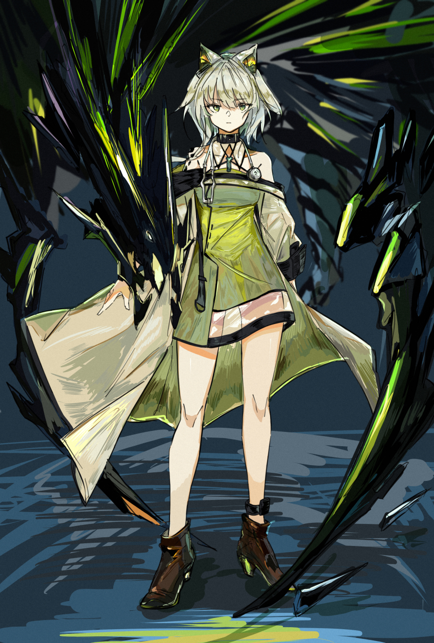 1girl absurdres animal_ears arknights bare_shoulders black_shoes cat_ears cat_girl closed_mouth dress expressionless full_body green_dress green_eyes halterneck harukan_tiusu highres kal&#039;tsit_(arknights) lab_coat long_sleeves looking_at_viewer material_growth mon3tr_(arknights) mon3tr_(summon)_(arknights) off_shoulder oripathy_lesion_(arknights) revision shoes short_hair solo standing stethoscope