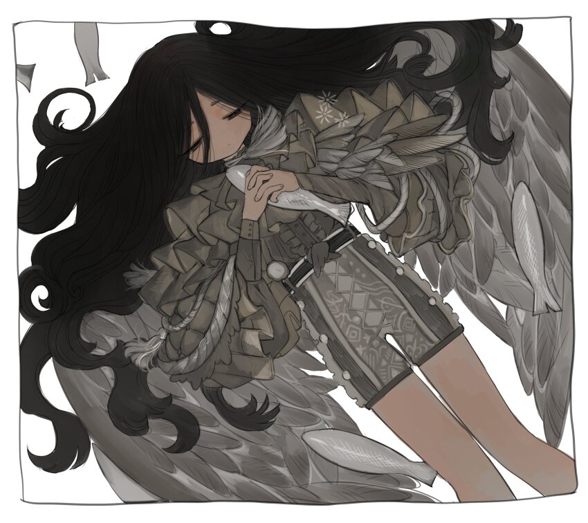 1boy androgynous animal black_hair brown_shirt closed_eyes commentary_request facing_viewer feathered_wings feet_out_of_frame fish grey_shorts grey_wings highres holding holding_animal holding_fish long_hair long_sleeves lying male_focus on_back original own_hands_together puffy_long_sleeves puffy_sleeves shima_(wansyon144) shirt shorts solo very_long_hair white_background wings