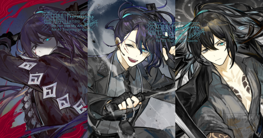 3boys ammunition_belt aqua_eyes black_coat black_gloves black_hair black_necktie black_shirt chest_tattoo closed_mouth coat collared_shirt combat_knife fanghunt_office_(identity)_(project_moon) fingerless_gloves full-stop_office_(identity)_(project_moon) gloves gun half_updo heterochromia holding holding_gun holding_weapon hong_lu_(project_moon) knife kurokumo_clan_(identity)_(project_moon) limbus_company long_hair looking_at_viewer multiple_boys multiple_persona necktie nishikujic open_clothes open_mouth open_shirt project_moon scar scar_across_eye scar_on_face shirt smile tattoo very_long_hair weapon