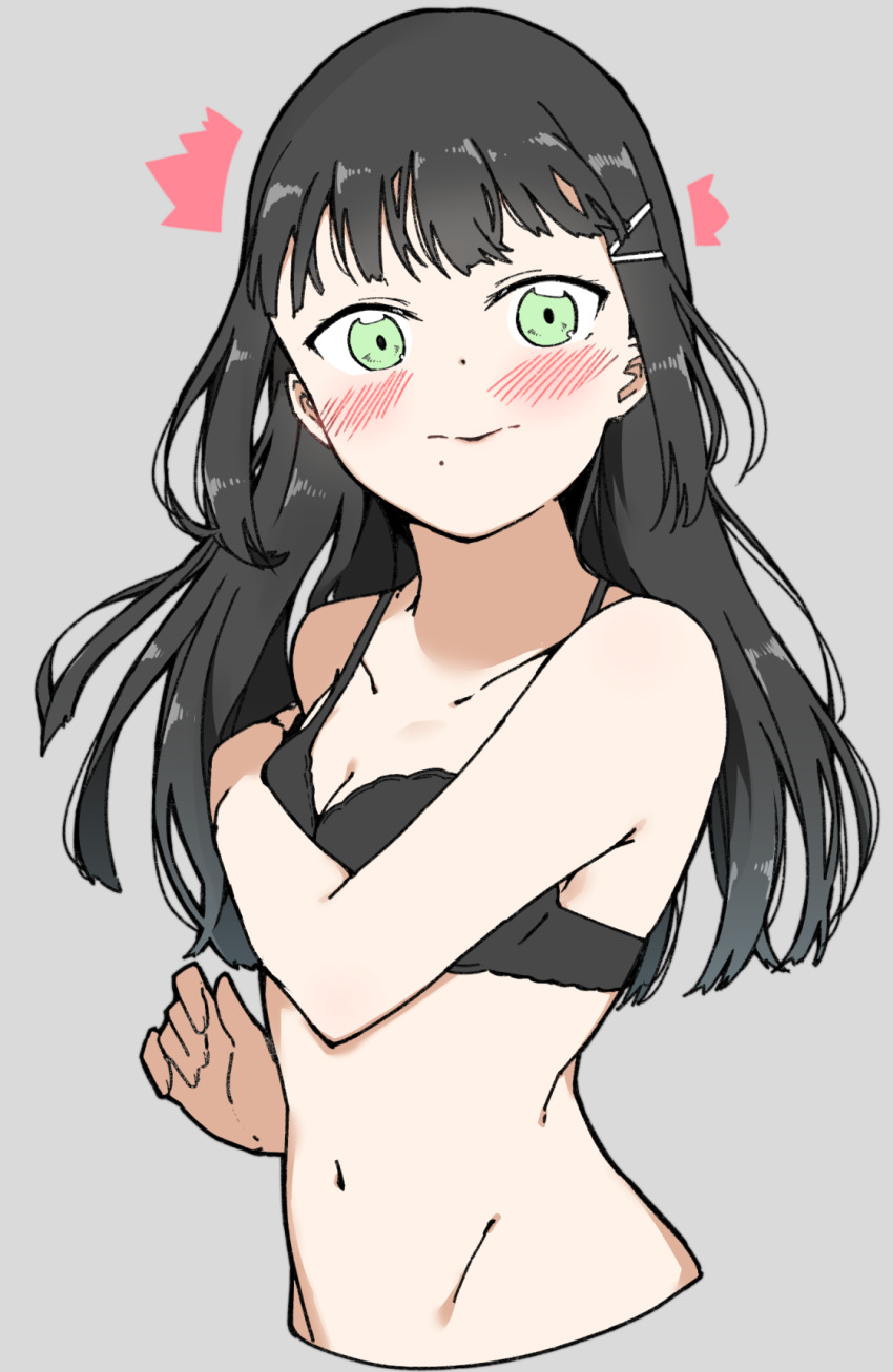 1girl 3: ^^^ black_bra black_hair blunt_bangs blush bra breasts cleavage closed_mouth collarbone commentary_request covering_breasts covering_privates cropped_torso frown green_eyes grey_background highres kurosawa_dia liz_(piyoko_piyop) long_hair love_live! love_live!_sunshine!! midriff mole mole_under_mouth navel sidelocks simple_background small_breasts solo stomach surprised underwear underwear_only upper_body