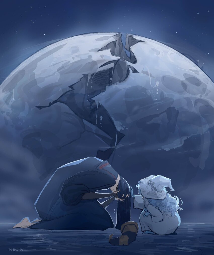 116116116el 2girls barefoot black_hair black_hat blue_hair blue_robe blue_skin colored_skin commentary dress elden_ring english_commentary extra_arms hat highres kneeling long_hair looking_at_viewer moon mother_and_daughter multiple_girls night night_sky ranni_the_witch rennala_queen_of_the_full_moon robe sky toes unworn_hat unworn_headwear very_long_hair wavy_hair white_dress white_hat witch witch_hat wizard_hat