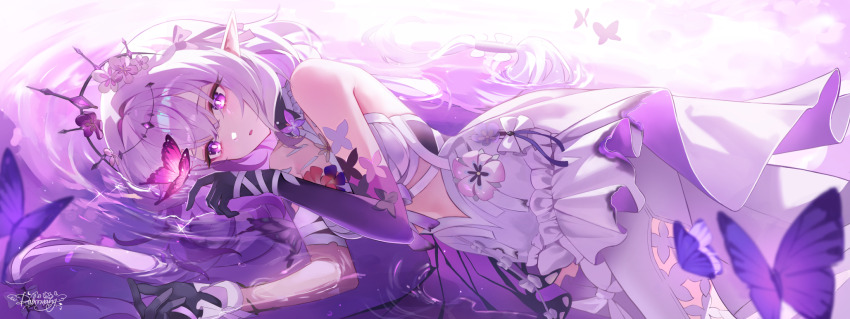 1girl asymmetrical_gloves bare_shoulders black_tiara bright_pupils bug butterfly castorice_(honkai:_star_rail) dalmyang dress elbow_gloves gloves highres honkai:_star_rail honkai_(series) insect legwear_cutout long_hair looking_at_viewer lying on_side pantyhose parted_lips pointy_ears purple_butterfly purple_eyes purple_gloves purple_hair revision signature solo tiara uneven_gloves water white_dress white_pantyhose white_pupils