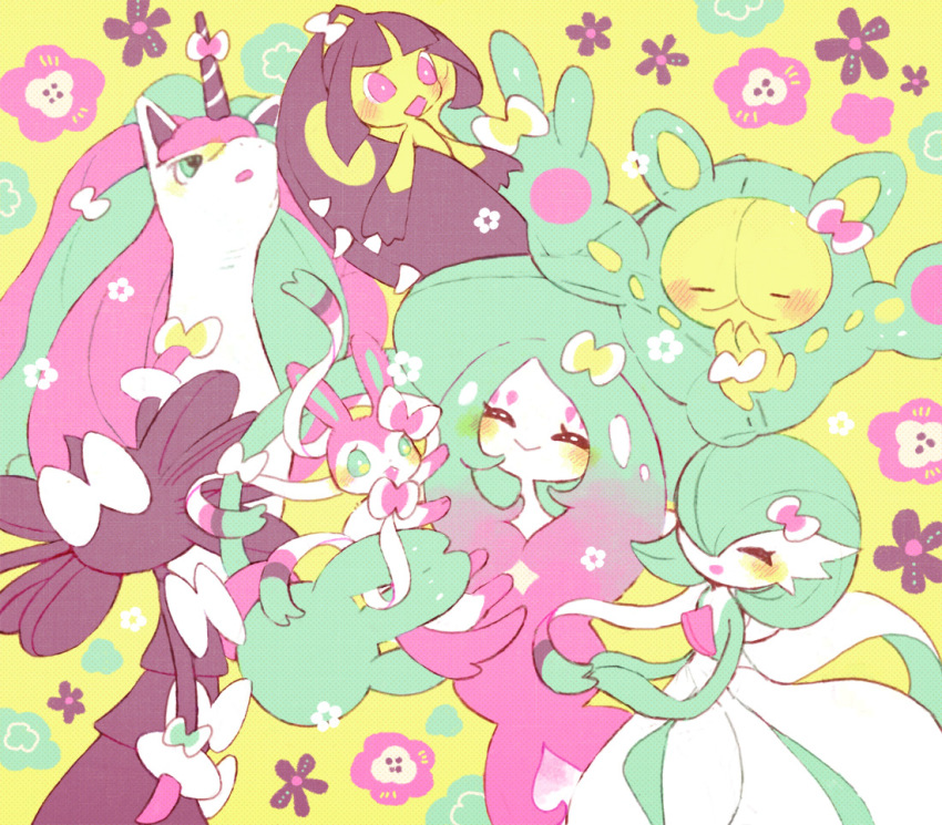 blue_eyes blush bow bowtie closed_eyes colored_skin dress extra_mouth fangs floral_background galarian_form galarian_rapidash gardevoir gen_3_pokemon gen_5_pokemon gen_6_pokemon gen_8_pokemon gothitelle hair_bow hat hatterene horns kappaman mawile multicolored_fur multicolored_skin nintendo pink_eyes pokemon pokemon_(creature) prehensile_hair reuniclus single_horn sylveon two-tone_skin unicorn white_dress white_skin witch_hat yellow_background