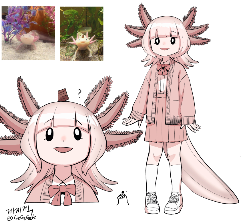 1girl :d ? absurdres artist_name axolotl axolotl_ears axolotl_girl axolotl_tail blunt_bangs bow bowtie bright_pupils cardigan collared_shirt creature_and_personification fins full_body gegegekman head_fins highres kneehighs looking_ahead looking_up medium_hair open_mouth original personification photo-referenced pink_bow pink_bowtie pink_cardigan pink_hair pink_skirt pleated_skirt shirt shoes simple_background skirt smile sneakers socks solo standing twitter_username white_background white_pupils white_shirt white_shoes white_socks