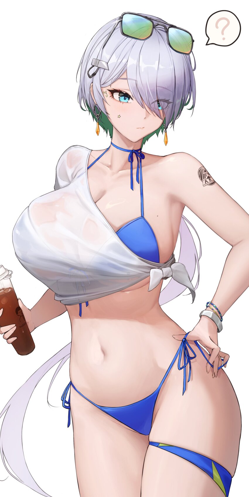 1girl ? absurdres bikini blue_bikini blue_eyes breasts brid_(nikke) cleavage commentary earrings eyewear_on_head goddess_of_victory:_nikke grey_hair hair_over_one_eye highres holding jewelry large_breasts long_hair mole mole_on_breast navel shirt simple_background single-shoulder_shirt single_bare_shoulder siyeong solo spoken_question_mark stomach sunglasses swimsuit thigh_strap thighs tied_shirt very_long_hair white_background white_shirt