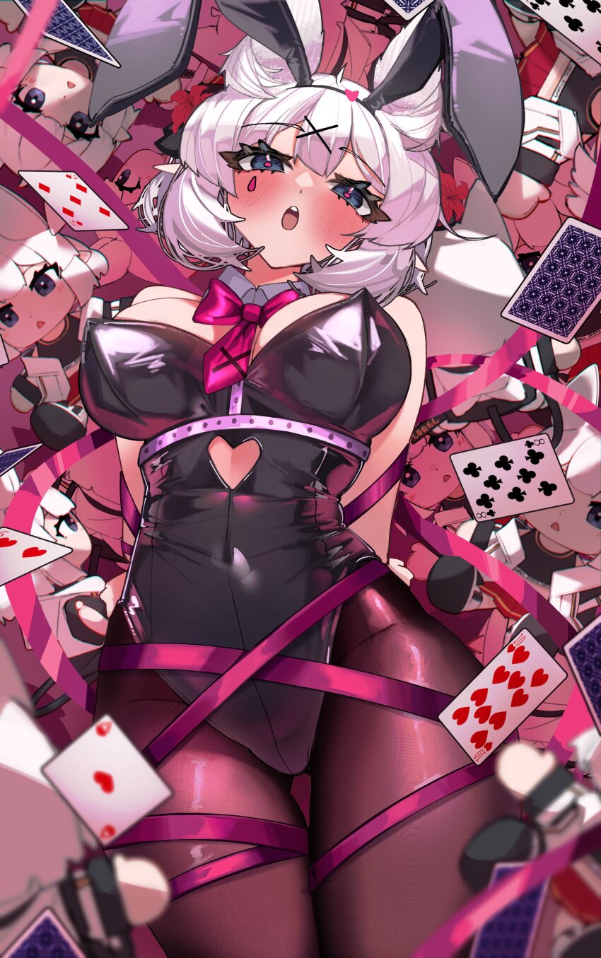 1girl absurdres ace_(playing_card) ace_of_hearts animal_ears arms_behind_back auraaa bare_shoulders bdsm black_leotard black_pantyhose blue_eyes blurry blurry_foreground blush bondage bound bow bowtie breasts card chest_harness clothing_cutout covered_navel cowboy_shot cutout_above_navel detached_collar eight_of_clubs fake_animal_ears five_of_diamonds five_of_hearts harness heart heart_cutout highres large_breasts leotard lorel_(auraaa) medium_hair necktie original pantyhose pink_bow pink_bowtie pink_necktie pink_pupils playboy_bunny playing_card rabbit_ears rabbit_hole_(vocaloid) seven_of_clubs solo strapless strapless_leotard teardrop_facial_mark ten_of_hearts white_hair