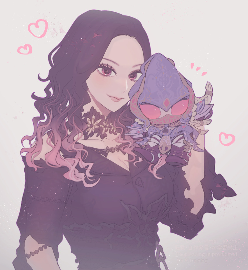 1girl black_dress black_hair braid breasts chibi cleavage closed_mouth clothing_cutout commentary_request curly_hair dress dual_persona forehead grotta heart highres holding_chibi kamen_rider kamen_rider_gavv_(series) long_hair looking_at_viewer me_syomi medium_breasts monster_girl multicolored_hair parted_hair partial_commentary pink_eyes pink_hair shoulder_cutout smile solo squid_girl tokusatsu upper_body white_background white_hair
