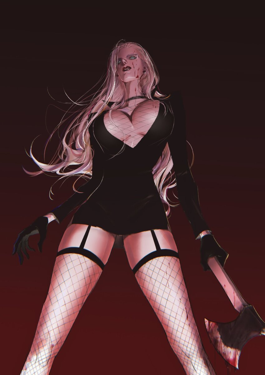 1girl axe black_dress black_gloves blonde_hair blood blood_on_face bloody_weapon blue_eyes breasts cleavage commentary cowboy_shot dress fishnet_thighhighs fishnets garter_straps glasses gloves gradient_background highres holding holding_axe kalifa_(one_piece) large_breasts long_hair long_sleeves looking_at_viewer one_piece parted_lips red_background red_lips simple_background smdsqi solo thighhighs weapon