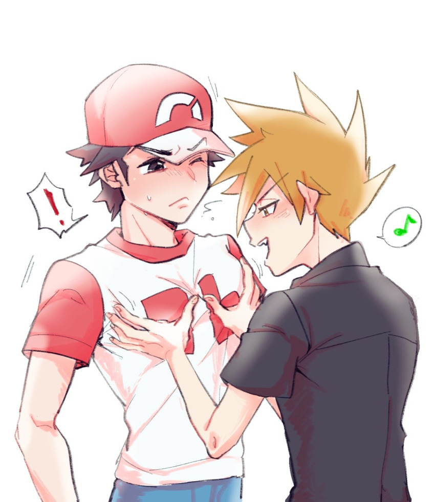 2boys blue_oak blush brown_hair ca_pkmn groping highres md5_mismatch multiple_boys nintendo orange_eyes orange_hair pectoral_grab pokemon pokemon_sm red_(pokemon) yaoi