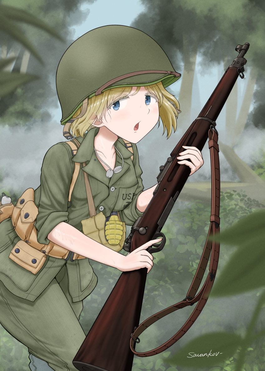 1girl ammunition_pouch artist_name bandolier belt blonde_hair blue_eyes bolt_action bush collarbone combat_helmet dog_tags explosive eyelashes grenade guadalcanal_(island) guadalcanal_campaign gun gun_sling helmet highres holding holding_gun holding_weapon jungle m1903_springfield m1_helmet military military_combat_uniform military_uniform nature open_mouth original pouch rifle savankov sleeves_rolled_up tree trigger_discipline united_states_marine_corps weapon world_war_ii
