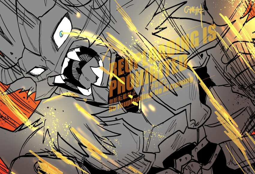 1boy agnimon armor digimon digimon_(creature) fangs forte99919 green_eyes greyscale_with_colored_background highres horns long_hair male_focus open_mouth orange_background screaming solo spot_color upper_body watermark