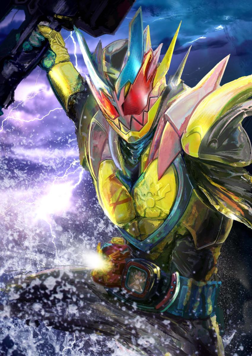 1boy absurdres adk-em armor bandai bandai_namco blue_gloves clenched_hand commentary_request dual_wielding fighting_stance finishing_move gloves green_armor highres holding ishimori_prod kamen_rider kamen_rider_revi kamen_rider_revice kamen_rider_revice_(form) kamen_rider_vice lightning male_focus open_hand pink_armor red_eyes revice_driver revicelasher rolling_vistamp sharp_teeth spiked_armor spikes sword teeth toei_company tokusatsu tv_asahi weapon yygnzm