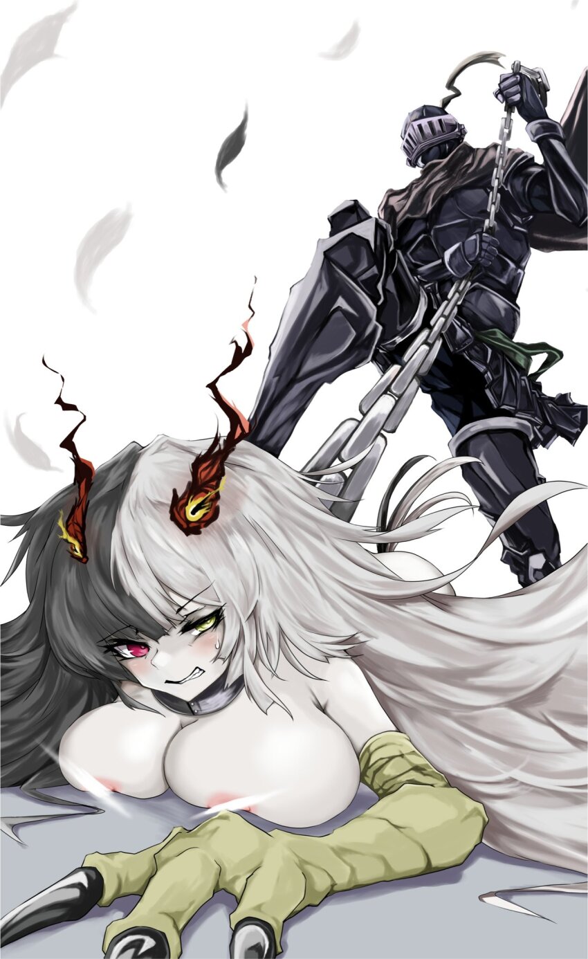 1boy 1girl armor black_hair black_souls black_souls_2 blush breasts chain collar grimm_(black_souls) grin helmet heterochromia highres jubjub_(black_souls) knight large_breasts light_censor metal_collar monster_girl red_eyes scrapiron2800 smile stepped_on sweatdrop white_hair yellow_eyes