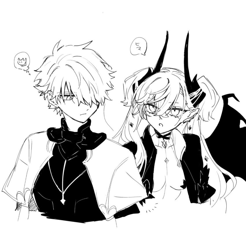 1boy 1girl armor bat_wings breasts chest_tattoo demon_horns fate/grand_order fate_(series) galahad_(fate) greyscale horns large_breasts lilith_(fate) long_hair mo_(aabx315) monochrome neck_tattoo open_clothes open_mouth short_hair speech_bubble tattoo twintails wings