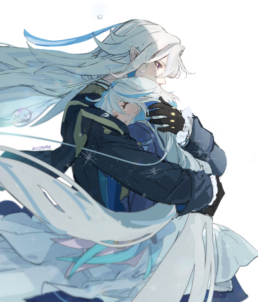 1boy 1girl absurdres aji_11300913 artist_name black_gloves blue_hair blue_jacket close-up closed_eyes cowboy_shot crying furina_(genshin_impact) genshin_impact gloves hair_between_eyes highres hug jacket light_blue_hair long_hair looking_ahead multicolored_hair neuvillette_(genshin_impact) purple_eyes sidelocks simple_background streaked_hair teardrop two-tone_hair white_background white_hair