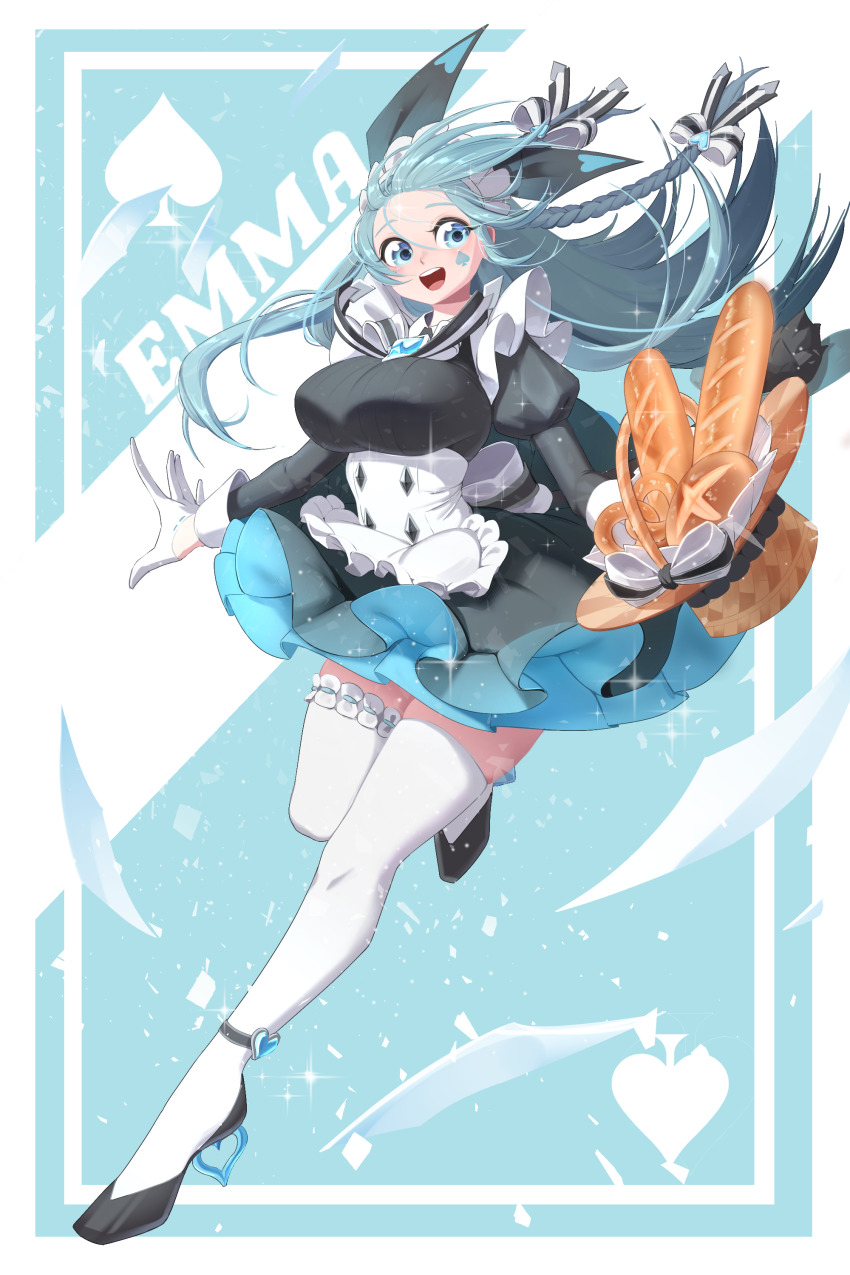 1girl absurdres alternate_costume apron baguette basket black_survival blue_eyes blue_hair braid bread breasts emma_hardy enmaided eternal_return:_black_survival food gloves hair_ribbon high_heels highres large_breasts long_hair looking_at_viewer maid maid_apron miniskirt official_alternate_costume open_mouth ribbon skirt solo spade_(shape) thighhighs underbust white_gloves white_thighhighs yabby zettai_ryouiki
