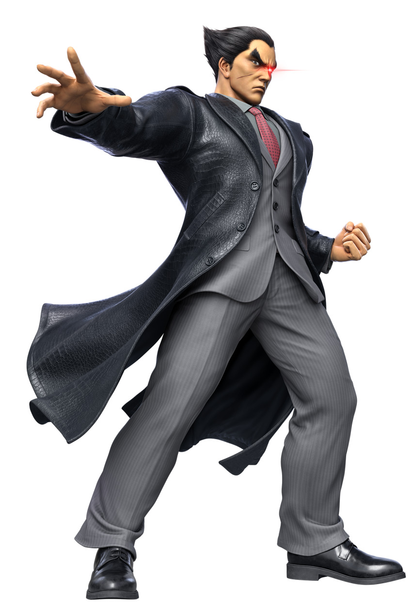 1boy 3d arm_up artist_request bad_tag black_coat black_eyes black_hair black_shoes buttons clenched_hand closed_mouth coat collared_shirt crossover forehead formal_clothes full_body glowing glowing_eye grey_jacket grey_pants grey_shirt heterochromia highres jacket legs_apart long_sleeves looking_at_viewer male_focus mishima_kazuya namco necktie nintendo official_art open_clothes open_coat pants pinstripe_pattern pinstripe_suit pocket red_eyes red_necktie scar scar_on_face shiny_clothes shirt shoes short_hair simple_background solo standing striped suit super_smash_bros. tekken thick_eyebrows transparent_background