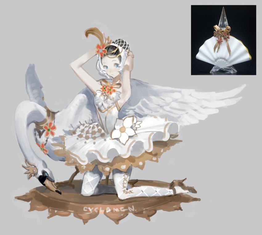 1girl adjusting_clothes adjusting_headwear animal arms_up bare_shoulders bird black_hair blue_eyes brown_shoes closed_mouth commentary_request crown dress feather_hair_ornament feathers flower full_body grey_background hair_bun hair_flower hair_ornament high_heels jewelry kneeling korean_commentary looking_at_viewer original pantyhose photo-referenced photo_inset red_flower reference_inset reference_photo shoes short_hair shycocoa simple_background single_hair_bun sleeveless sleeveless_dress solo swan white_dress white_flower white_headwear white_pantyhose